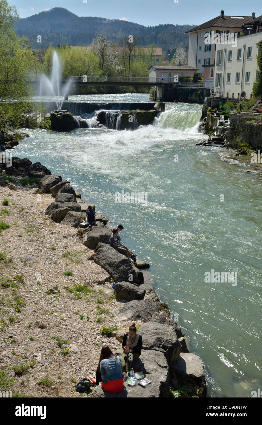 Kraftwerk Waterfall on the Birs River in Laufen, Basel-Landschaft, Switzerland. Stock Photo