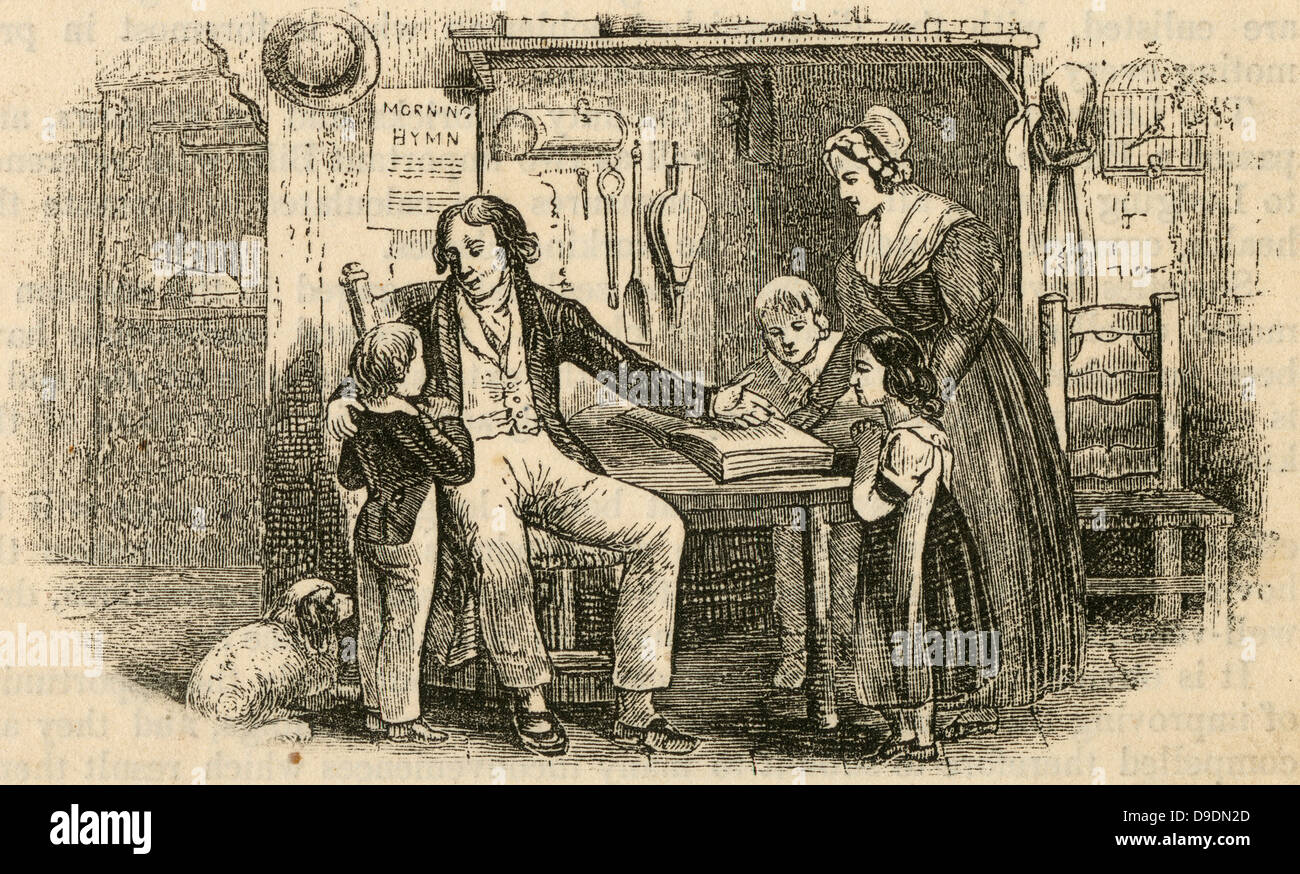 Sober and industrious working man at home with his family. Engraving, 1850 Stock Photo