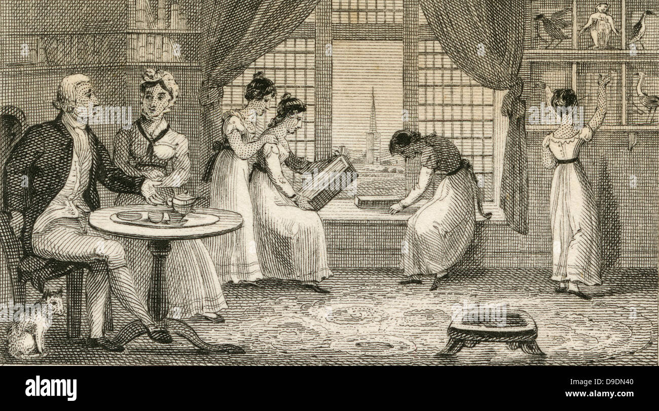 Gentelman and his family at home. En graving 1830 Stock Photo