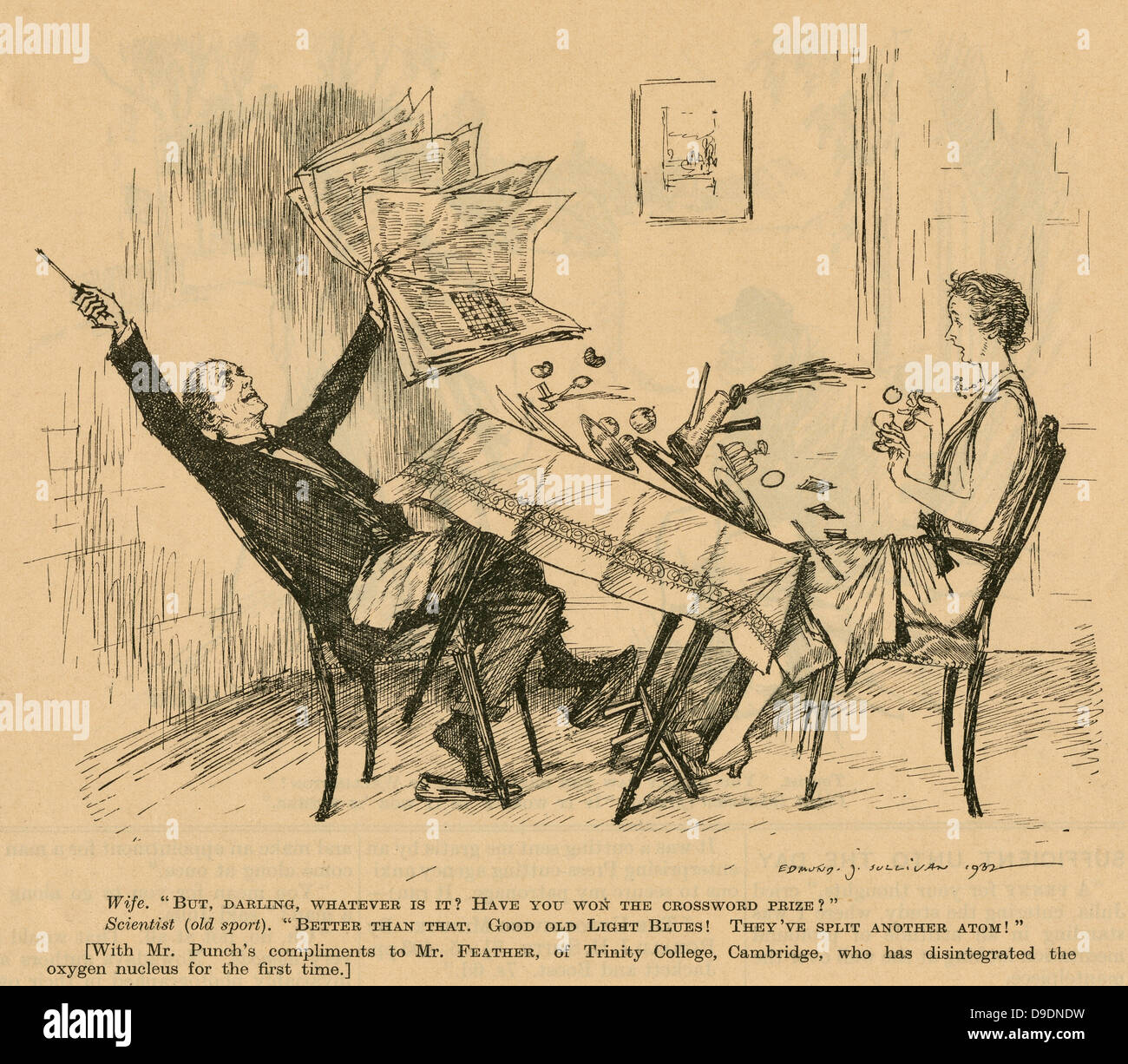 Particle physics: Cartoon from ''Punch'', London, 1932, celebrating the work of Norman Feather, English physcist, of Trinity College, Cambridge, England. Stock Photo