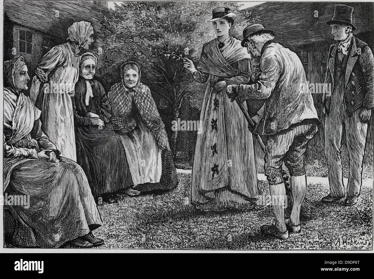 almshouse-residents-visited-by-well-dressed-lady-illustration-for