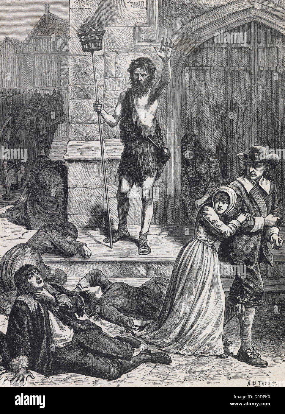 The Great Plague of London, 1665.   The Manic preaching doom and disaster. Engraving c1880. Stock Photo