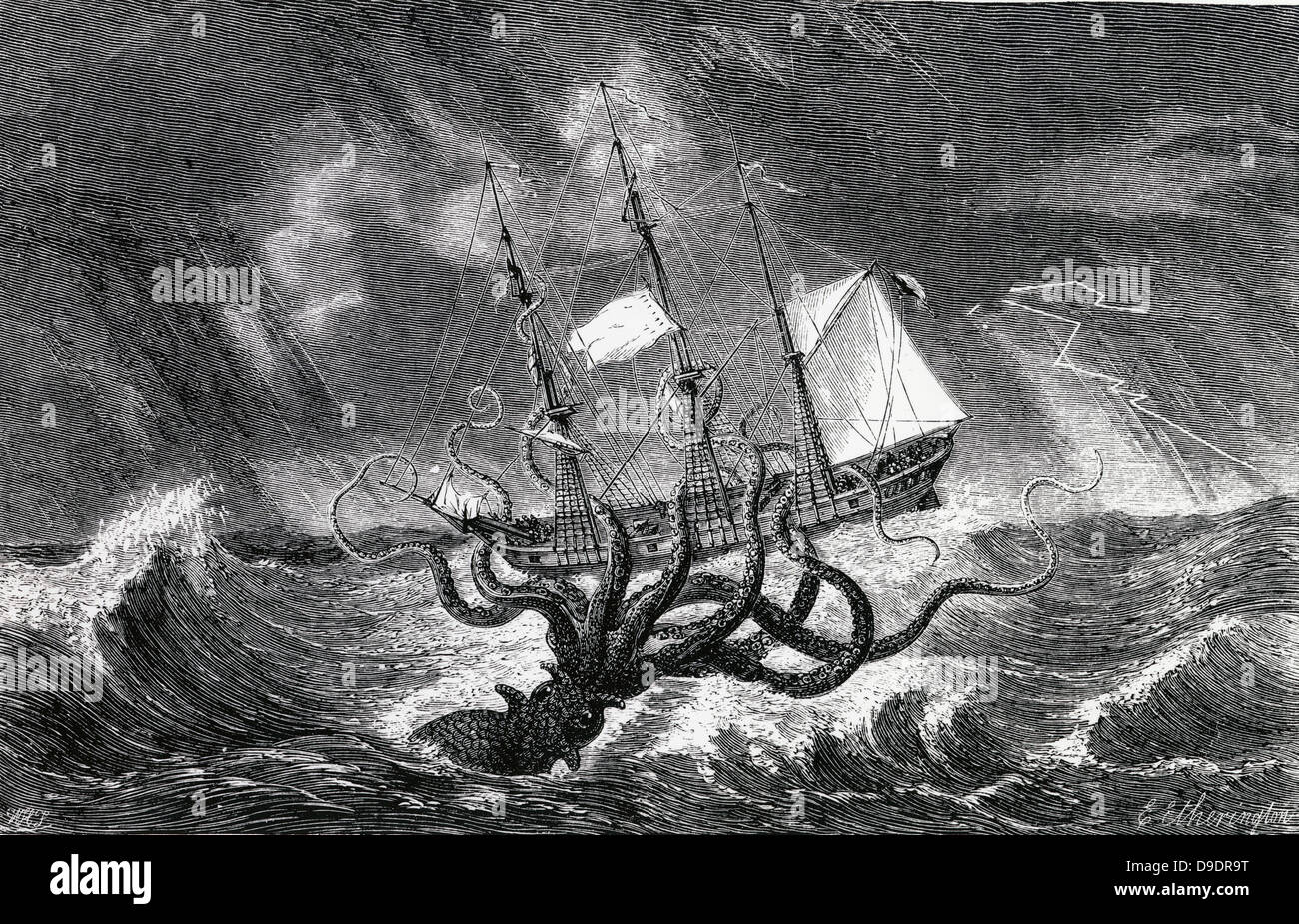 Legendary Kraken, monster of the deep, pictured as a giant squid. Engraving 1870. Stock Photo