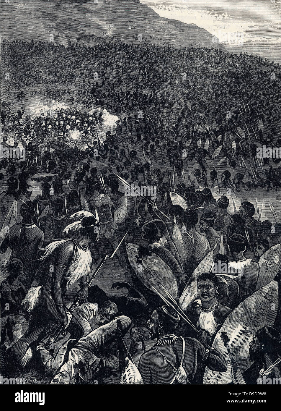 Zulu War: Disaster at Isandhlwana (Isandula) 21 January 1879.  Zulu warriors overwhelming Briths. Stock Photo
