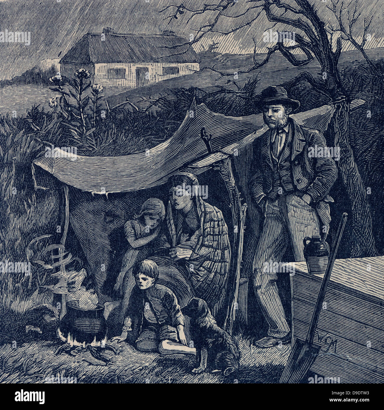 Irish potato famine 1840s. Evicted family. Stock Photo