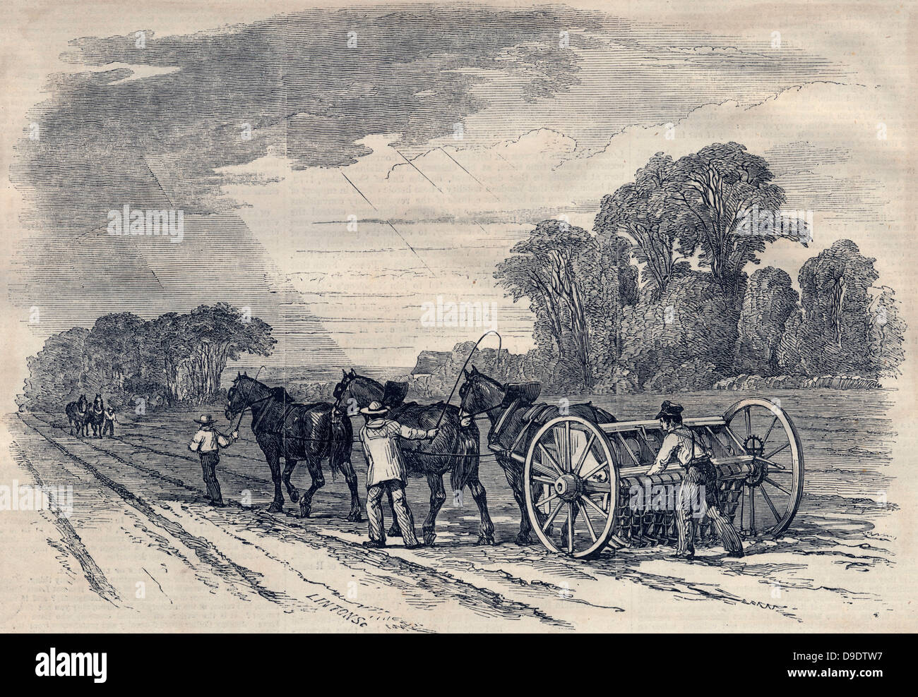 Horse-drawn seed drill, 1846. Stock Photo