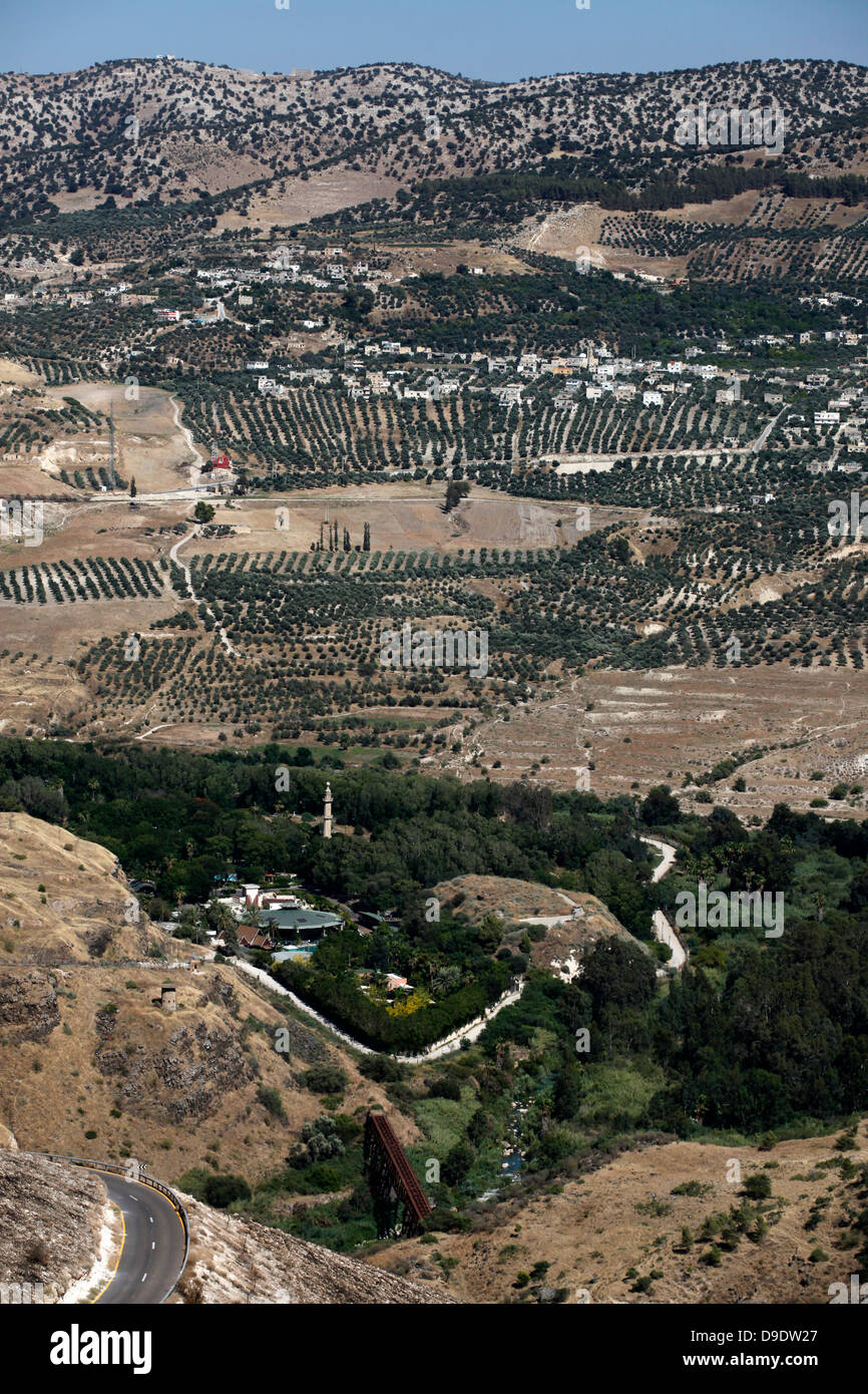 A view toward Hamat Gader or al-Hamma a hot springs site in the Yarmouk River valley, near the border with Jordan and the Sea of Galilee in the Southern Golan Heights Israel Stock Photo