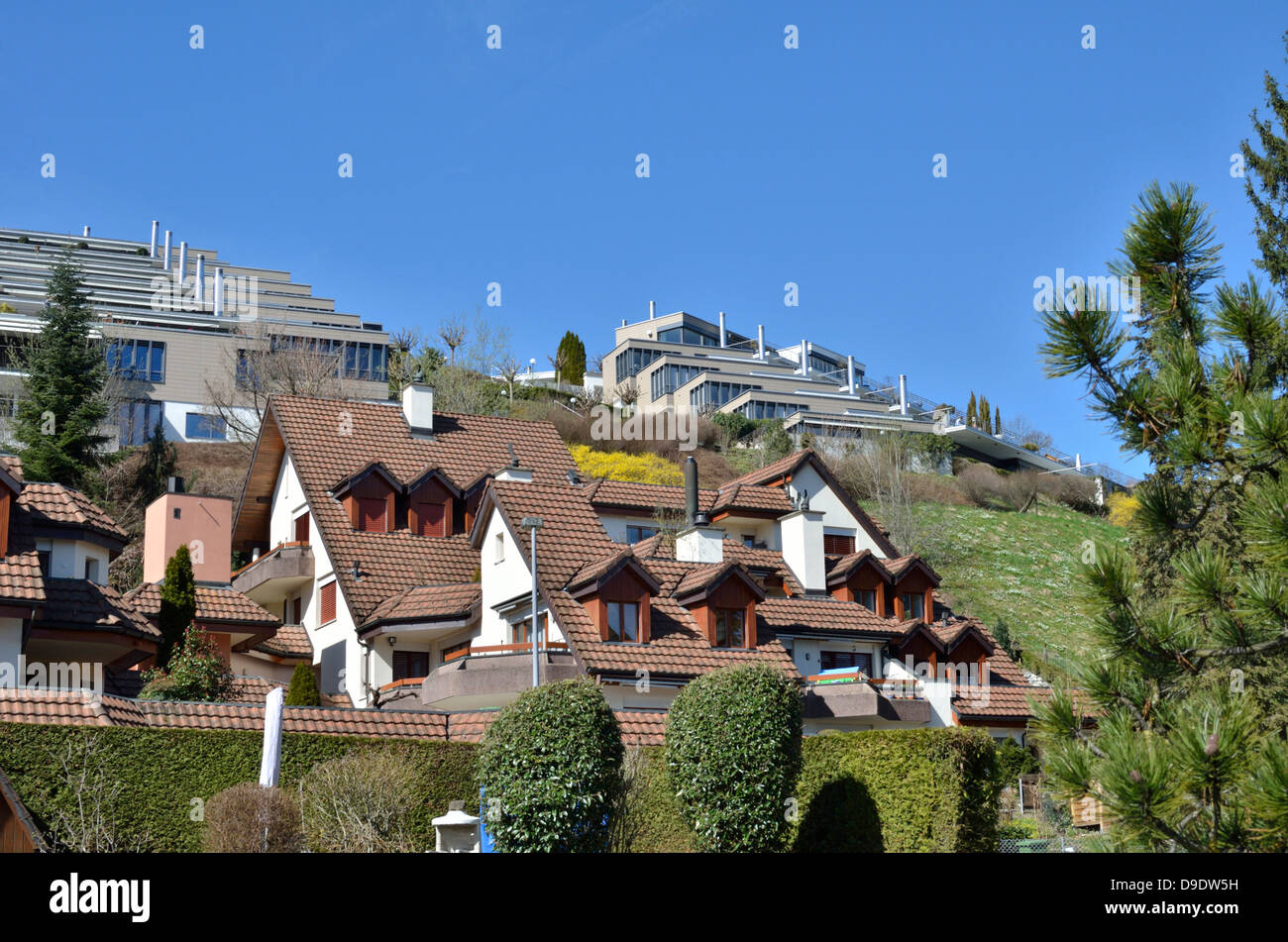 Modern Swiss housing on a hillside, Richterswil, Zurich, Switzerland