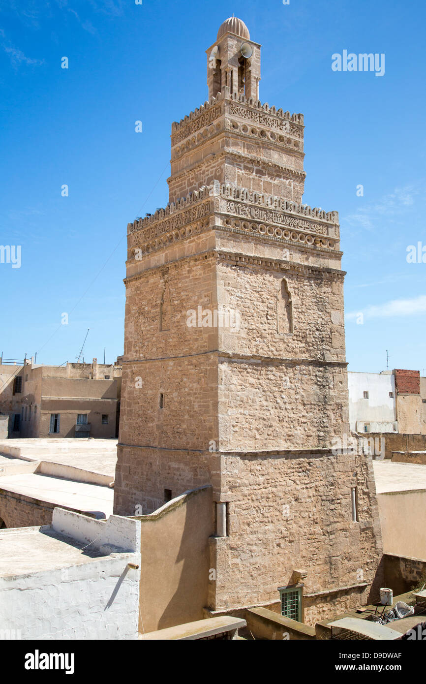 Arabic inscription, Minaret of the Great Mosque in the Medina of Sfax Tunisia Stock Photo