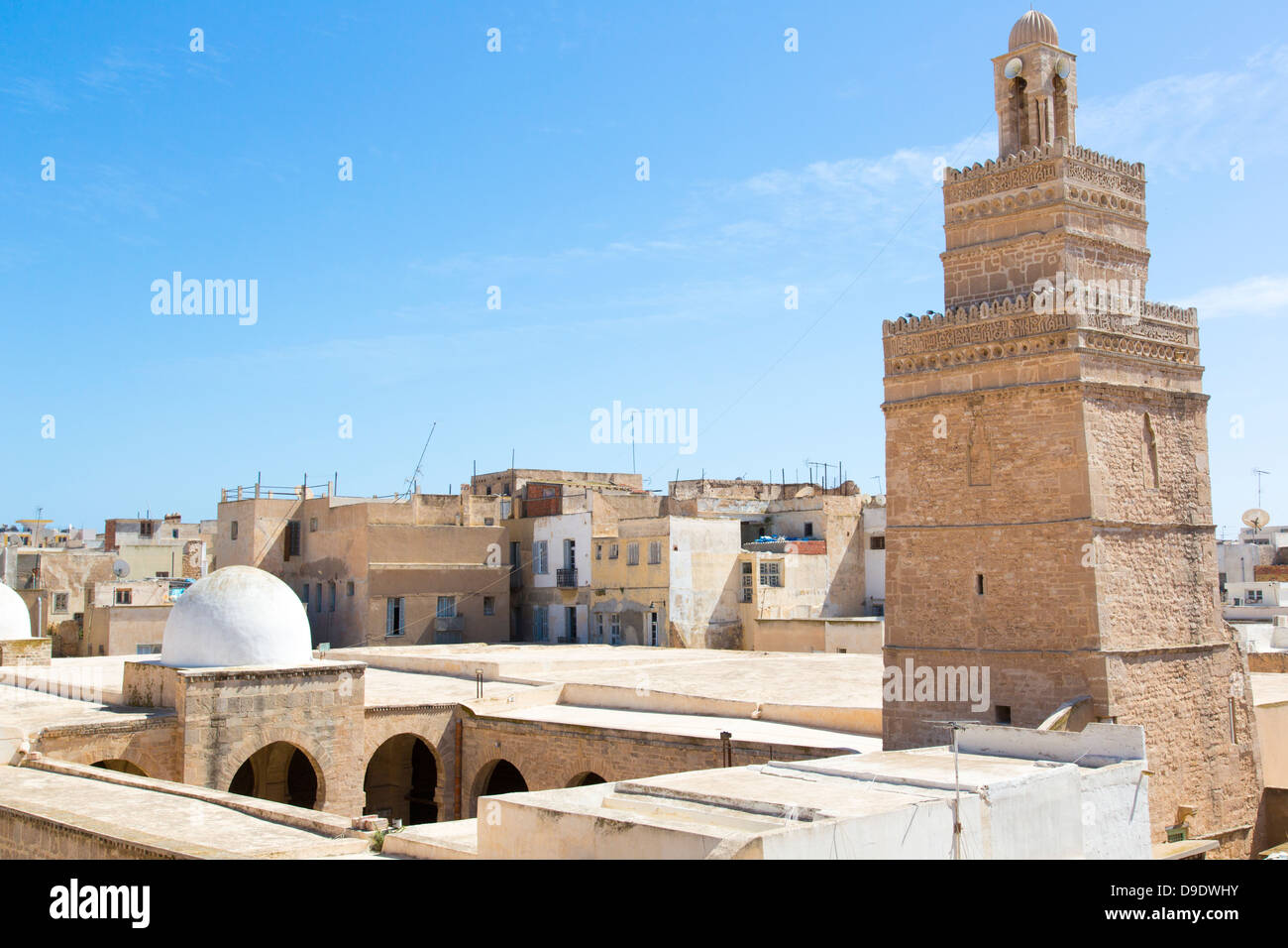 Arabic inscription, Minaret of the Great Mosque in the Medina of Sfax Tunisia Stock Photo