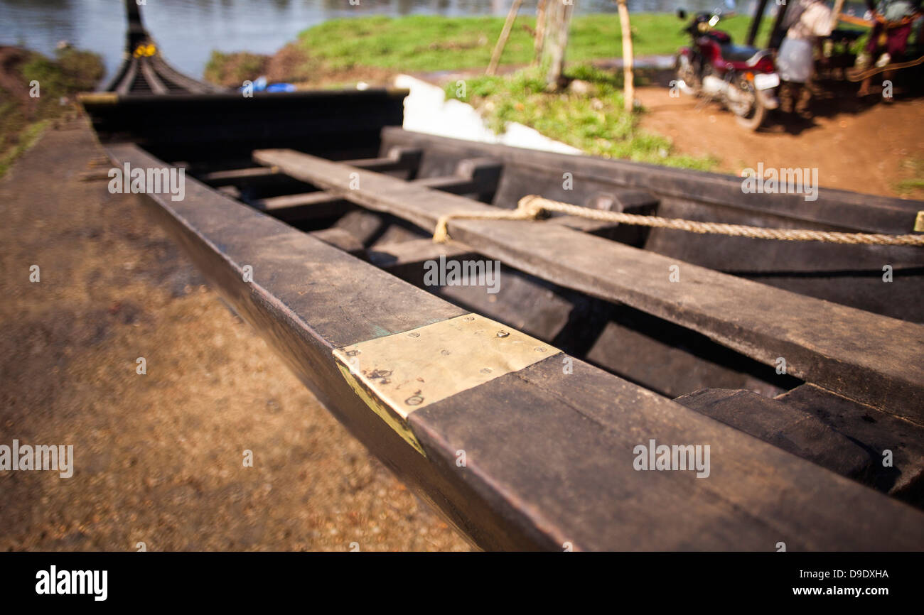 Snake boat at the riverside, Aranmula, Kerala, India Stock Photo