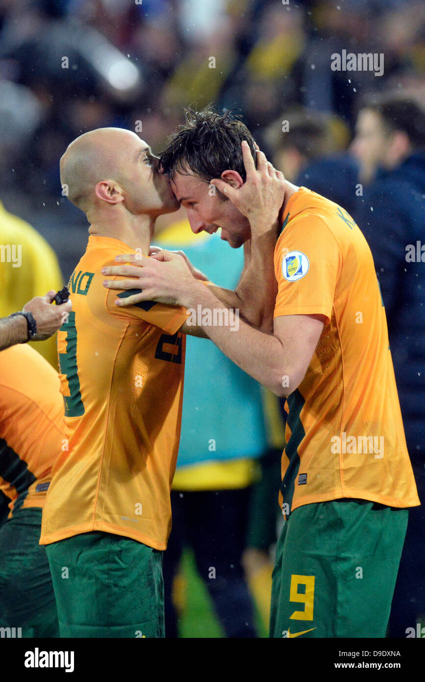 Sydney, Australia. 18th June 2013. Socceroos midfielder Mark Bresciano and Socceroos forward Joshua Kennedy  celebrate their goal during the World Cup qualifier between Australia and Iraq at the ANZ Stadium, Sydney. Australia won 1-0. Credit:  Action Plus Sports Images/Alamy Live News Stock Photo