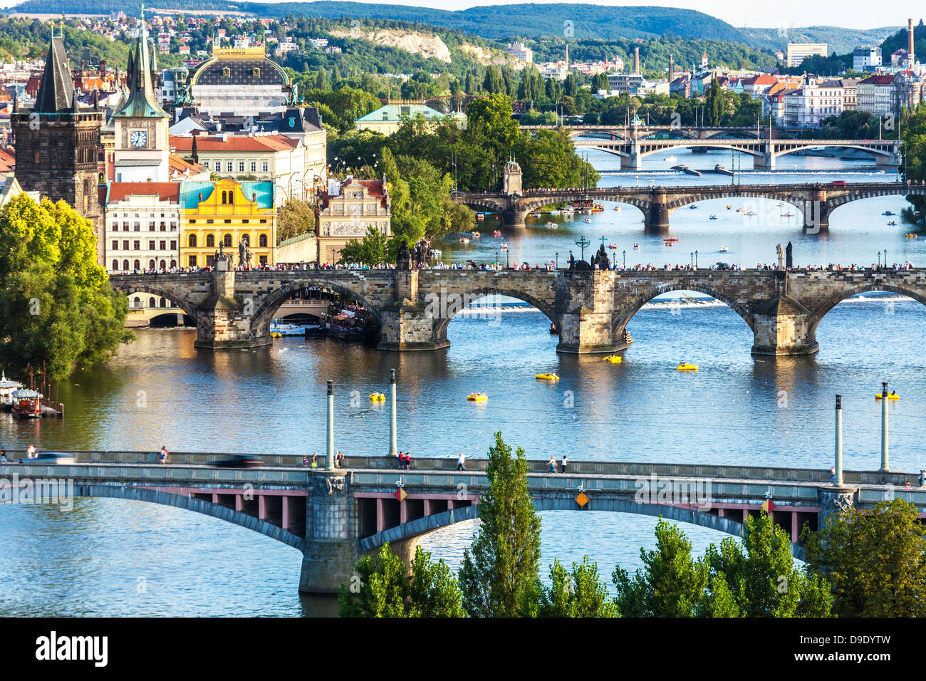 View of Prague and bridges over river Vltava (Moldau) Czech Republic. Famous Charles Bridge is second from bottom. Stock Photo