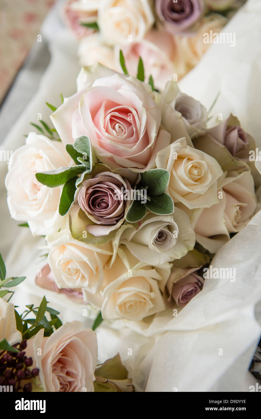 Getting married in the UK a bride's bouquet of flowers roses Stock