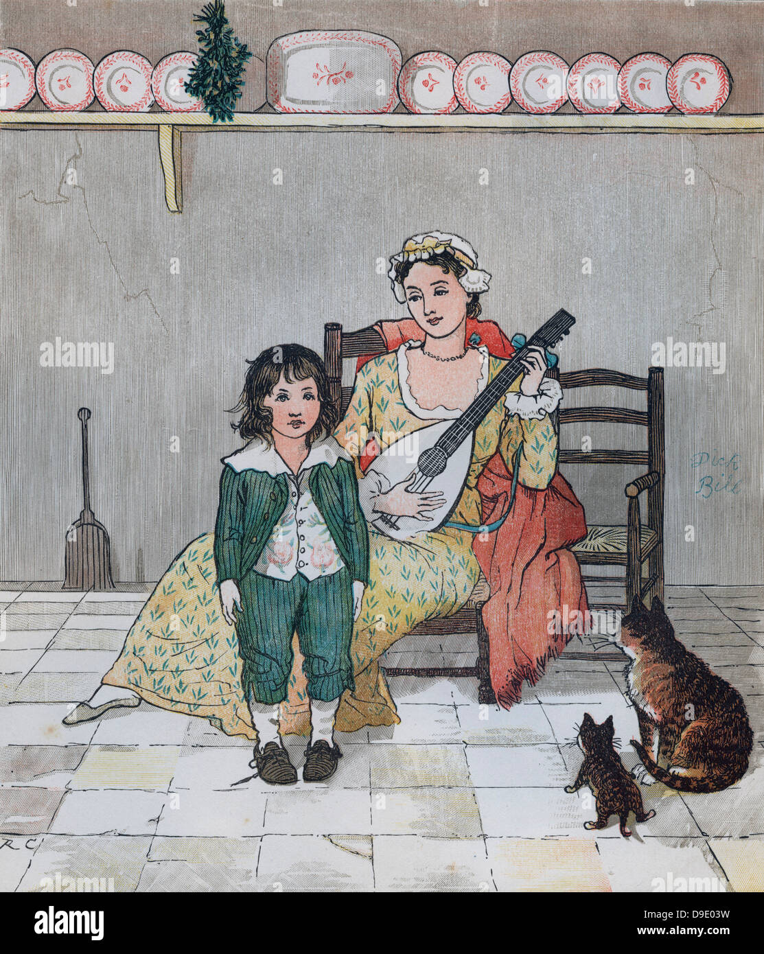 'An Elegy on the Death of a Mad Dog'' by Oliver Goldsmith.   Master Bill Primrose preparing to sing the story. Illustration by Randolph Caldecott Stock Photo