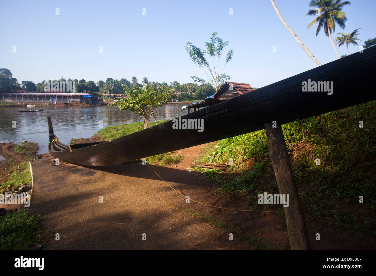 Snake boat at the riverside, Aranmula, Kerala, India Stock Photo