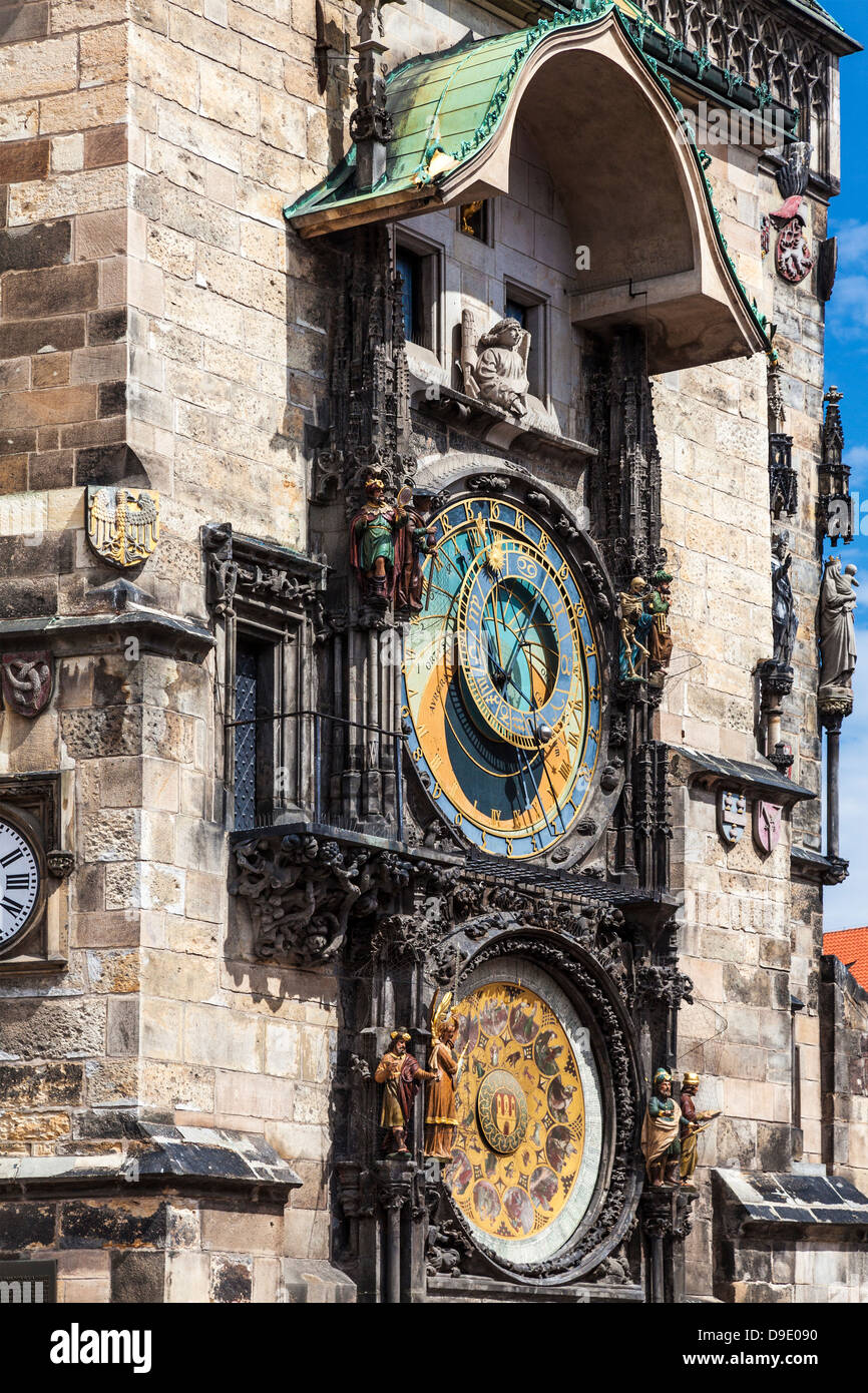 Astronomical clock or Prague Orloj (Pražský orloj) and calendar on the City (Town) Hall in Prague, Czech Republic. Stock Photo