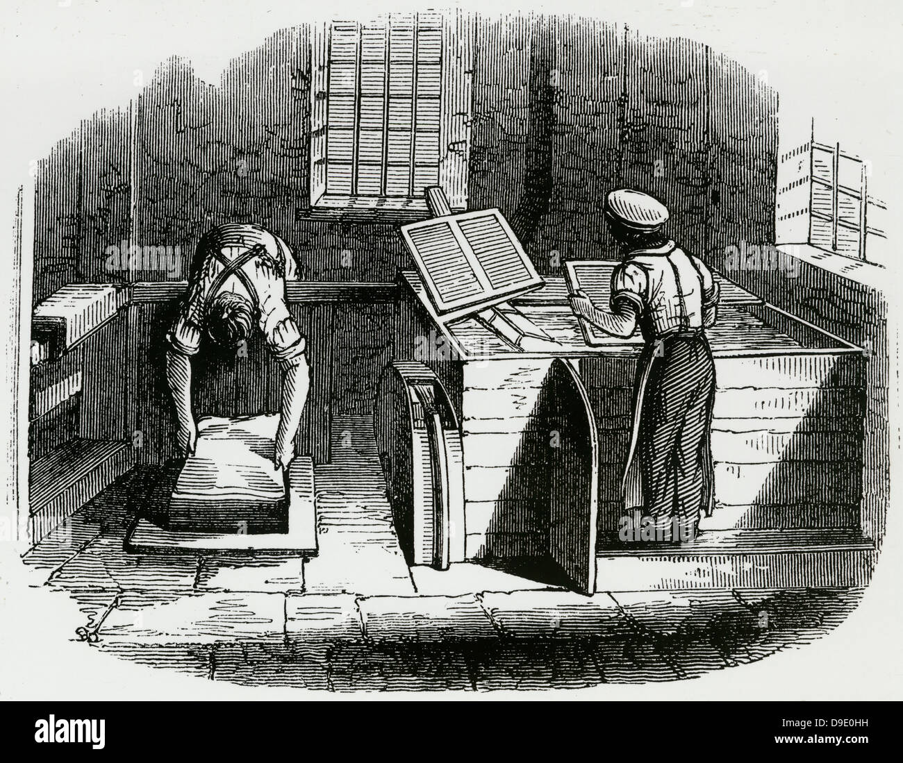 Making paper by hand by sieving pulp in forms engraving 1845 stock