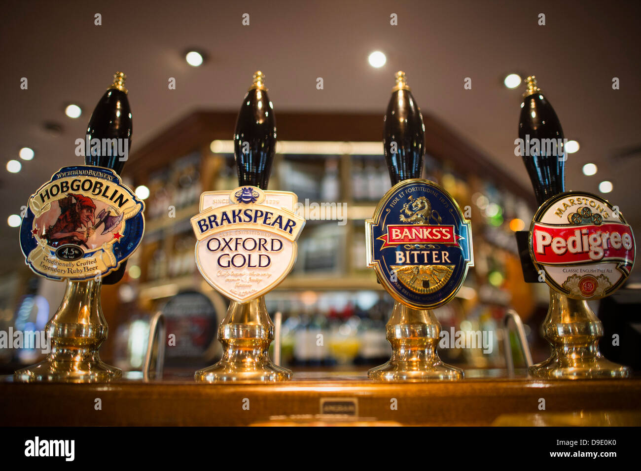 Four draught real ales beer in a pub bar, UK Brakspear Oxford Gold, Banks;s, Marstons, Stock Photo