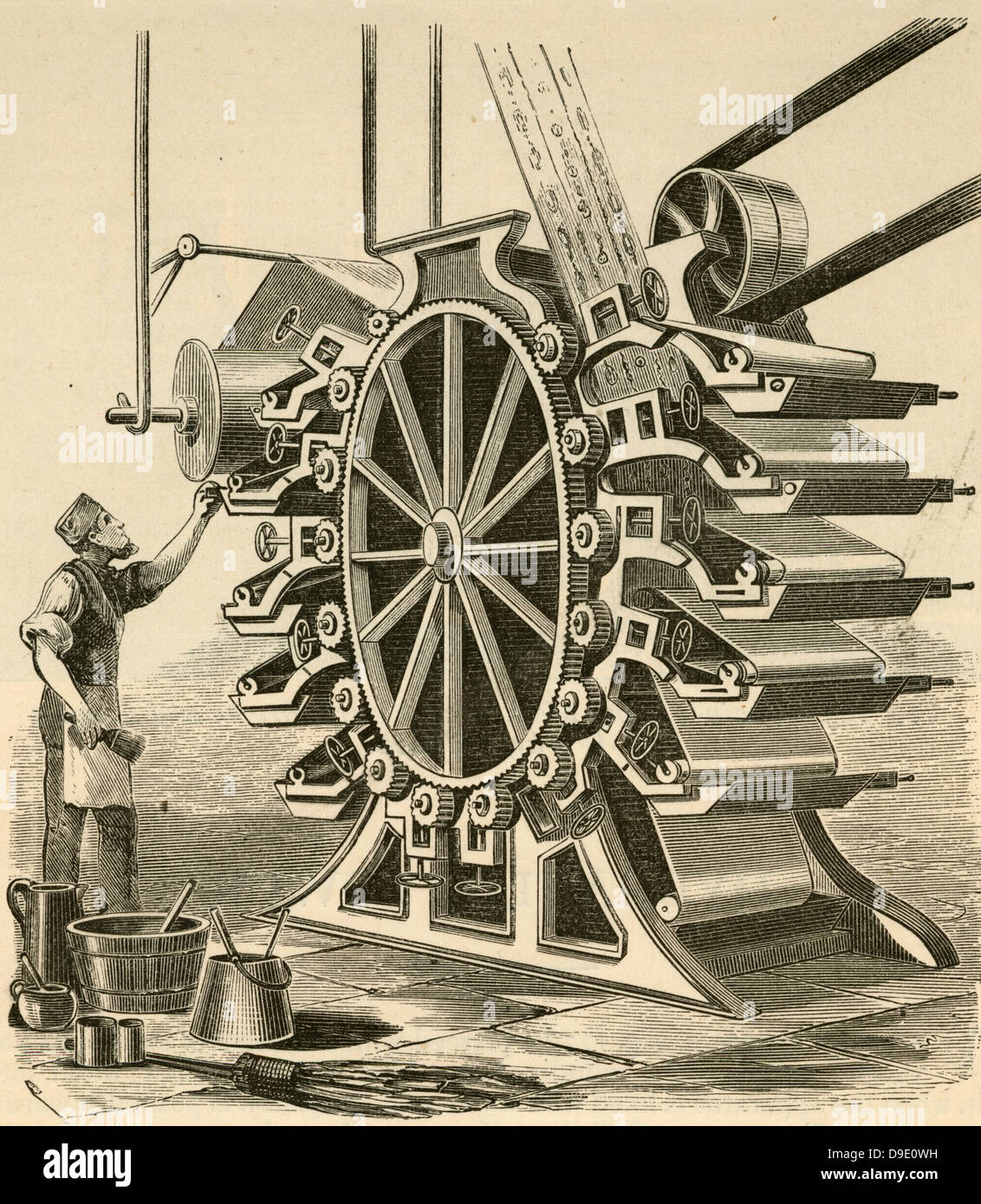 Printing wallpaper. Engraving 1876. Stock Photo