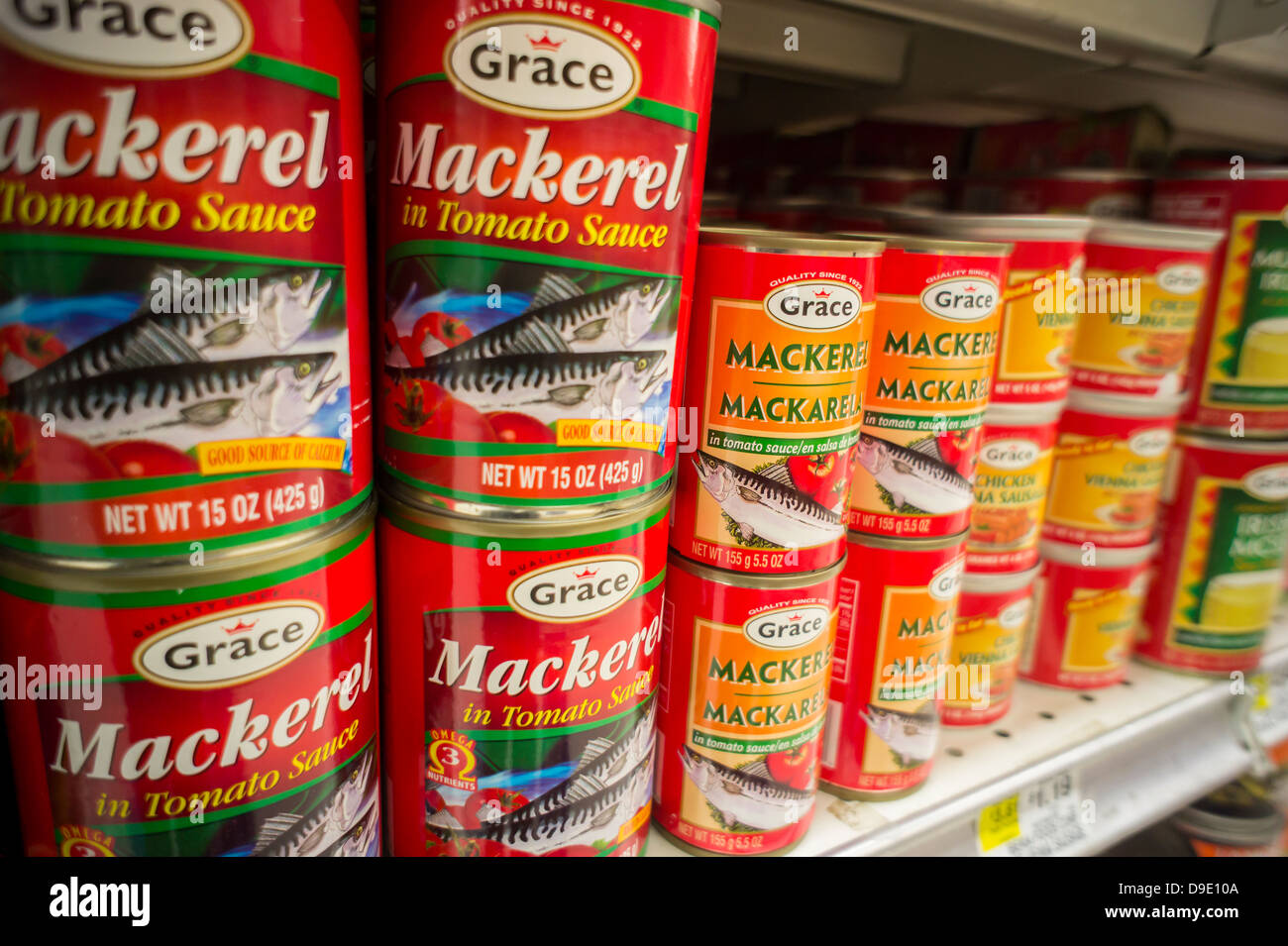Cans of Grace brand mackerel in a supermarket in New York on Thursday