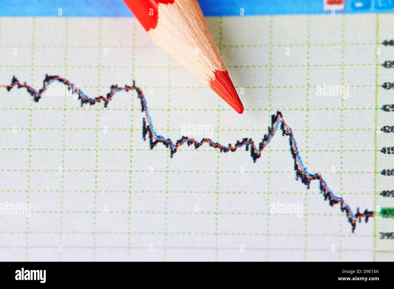 Downtrend chart and red pencil. Selective focus Stock Photo