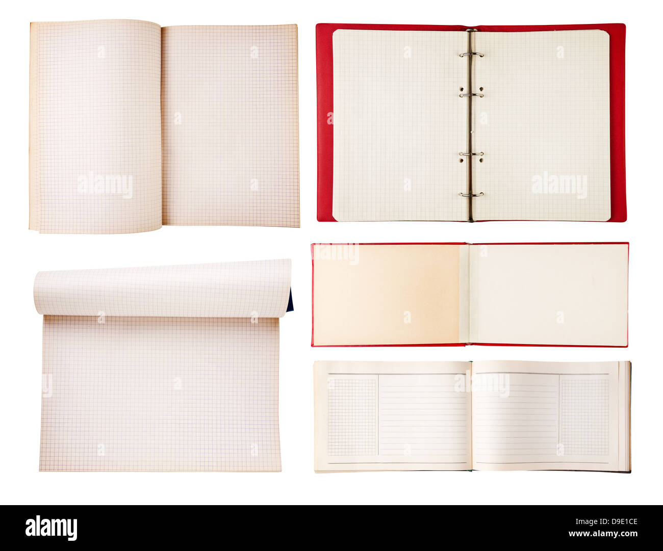 Set of open notebooks isolated on white background Stock Photo