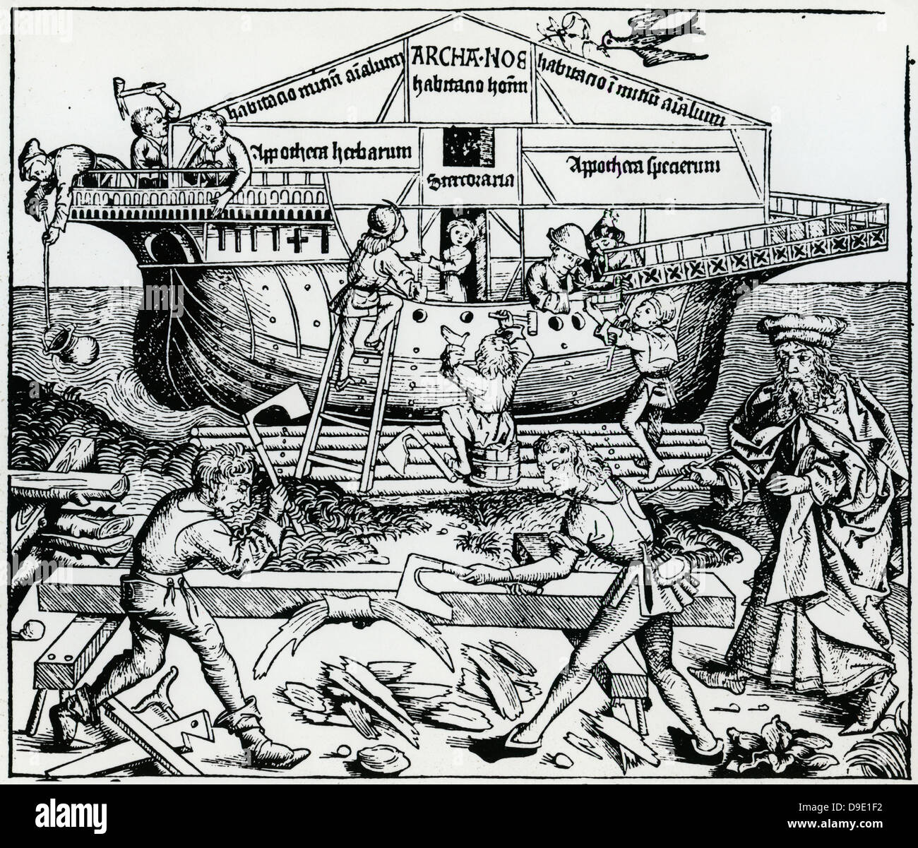 Noah supervising the building of the Ark. Woodcut from ''Liber