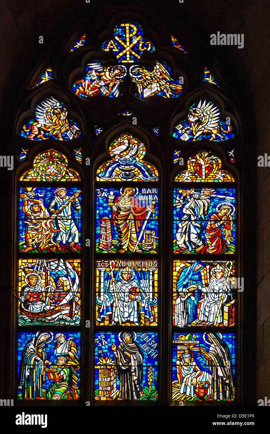 Stained glass window in St Vitus Cathedral, Prague Stock Photo