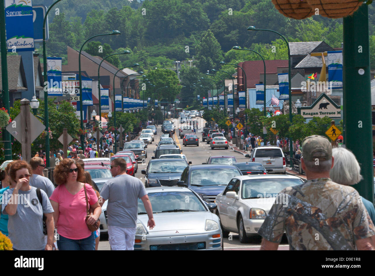 Crowded street scene on main street in Gatlinburg Tennessee Stock Photo