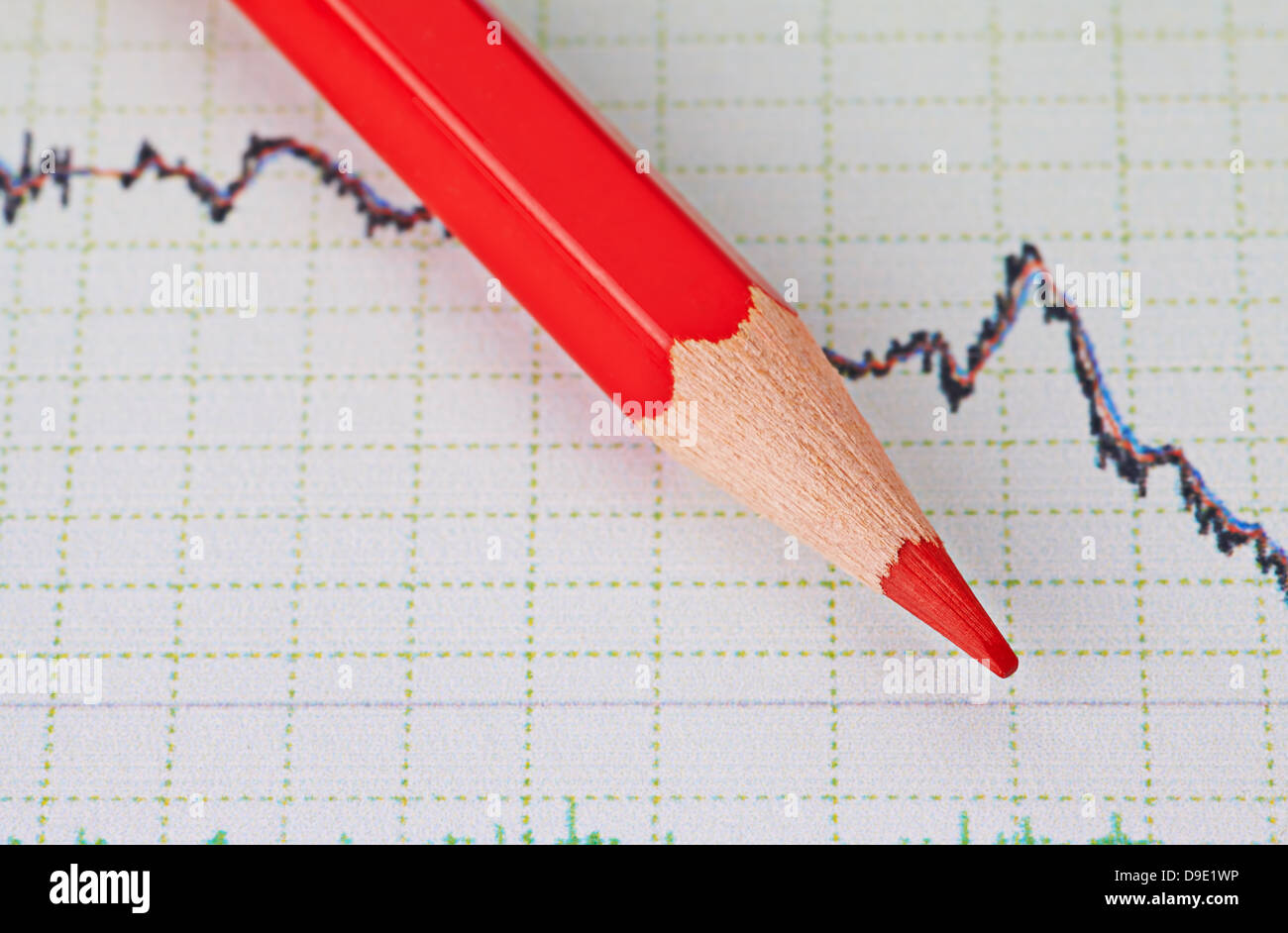 Financial downtrend chart and red pencil. Selective focus Stock Photo