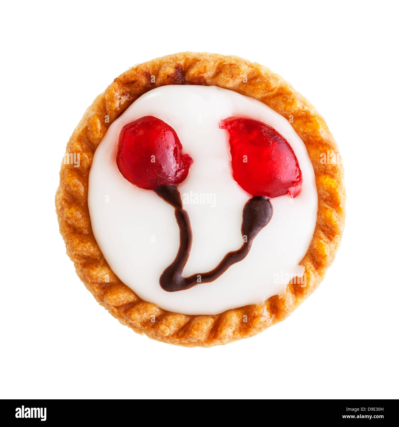 A home made Cherry Bakewell Tart on a white background Stock Photo