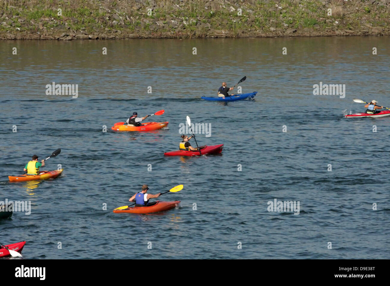 KAYAKERS ON WEST BRANCH SUSQUEHANNA RIVER IN LOCK HAVEN, PENNSYLVANIA  DURING BEST OF CLINTON COUNTY TRIATHALON RACE Stock Photo