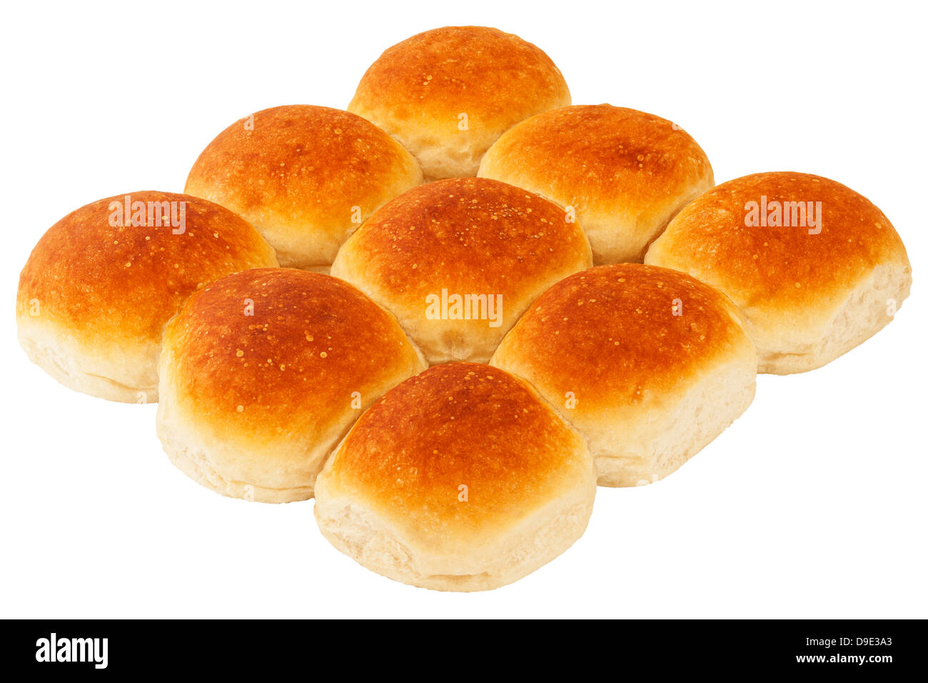 A home made batch of 9 white bread rolls on a white background Stock Photo
