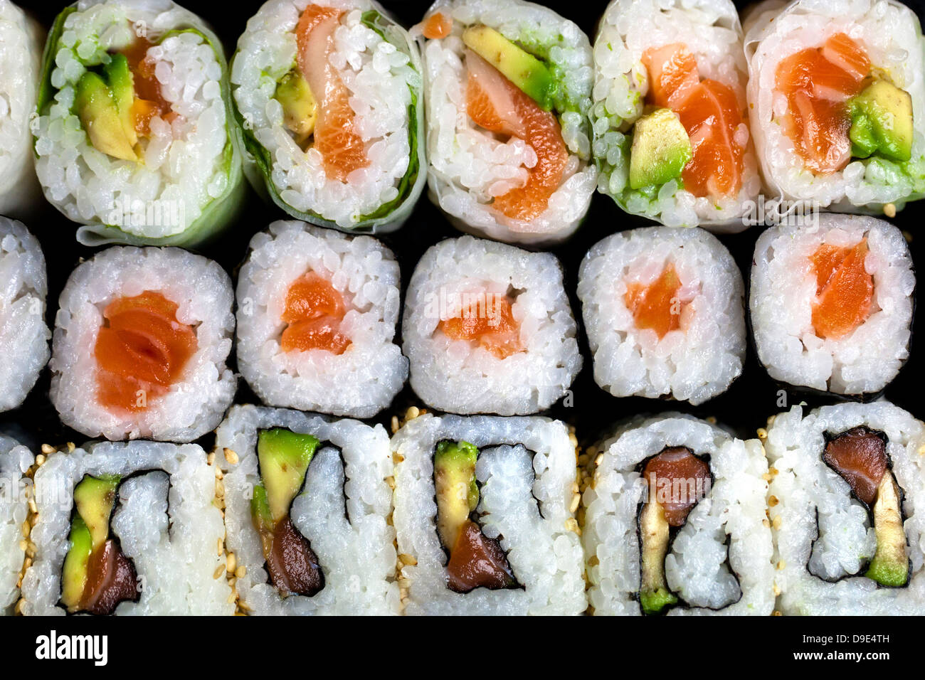 Close up view of fresh assorted sushi. Stock Photo