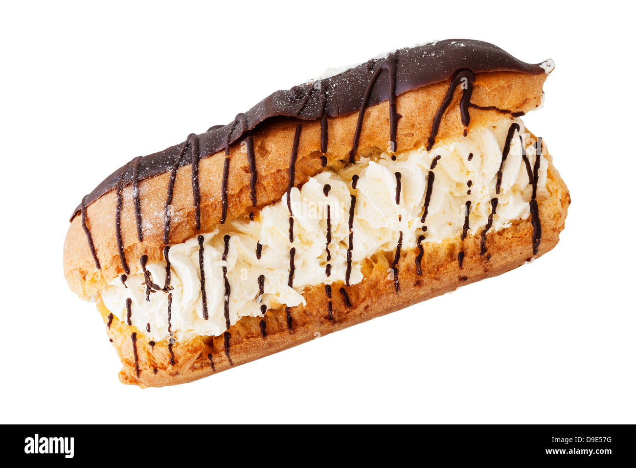 A home made Chocolate Eclair on a white background Stock Photo