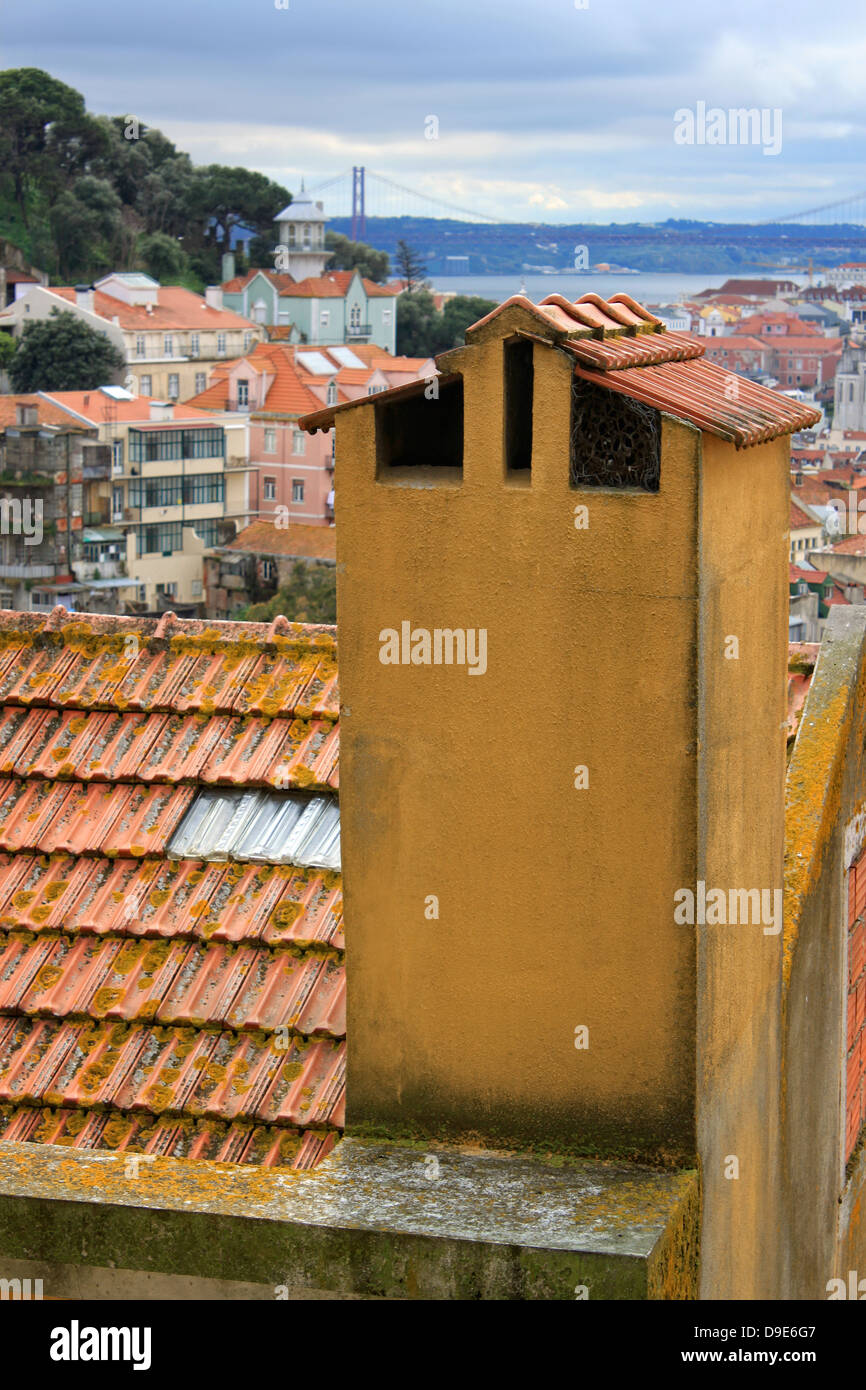 Typical Portuguese close up of chimney on rooftop in Lisbon, Portugal Stock Photo