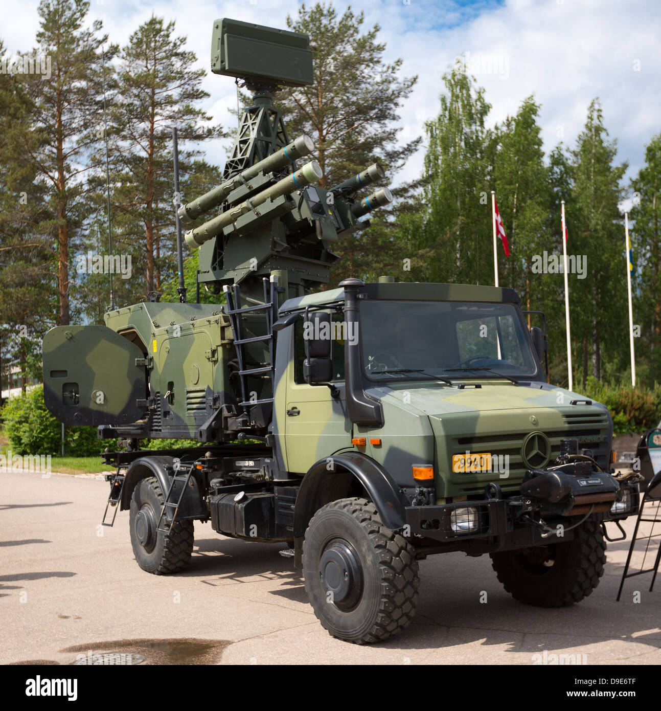 Finnish Army Bolide Short-range Air Defense (SHORAD) laser guided missile system mounted on a UNIMOG 5000 4WD-vehicle. Stock Photo