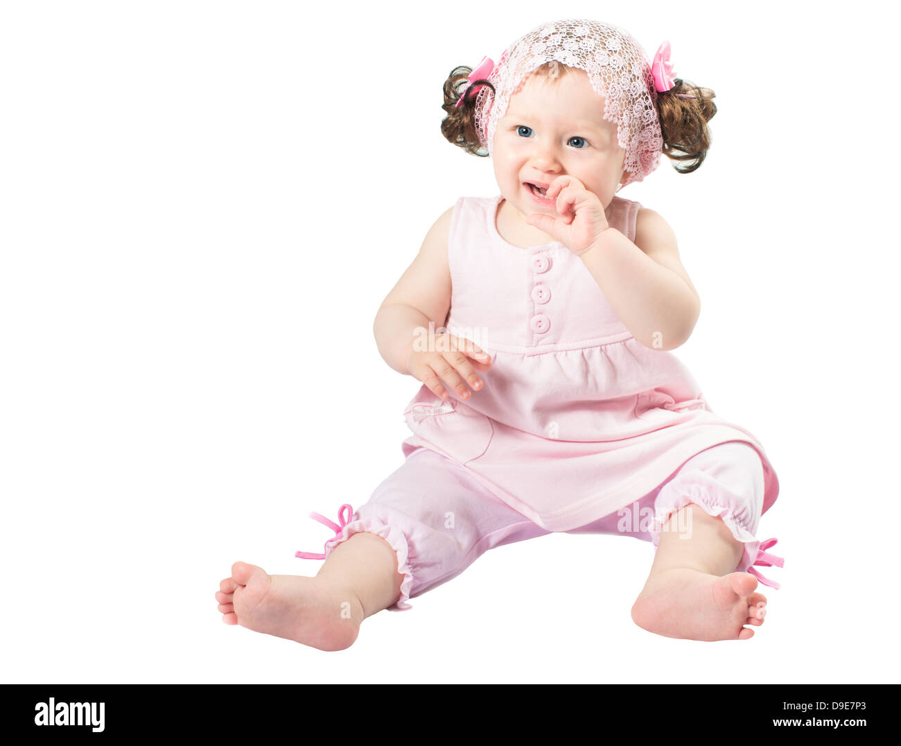 Adorable little child girl in pink dress isolated on white background ...