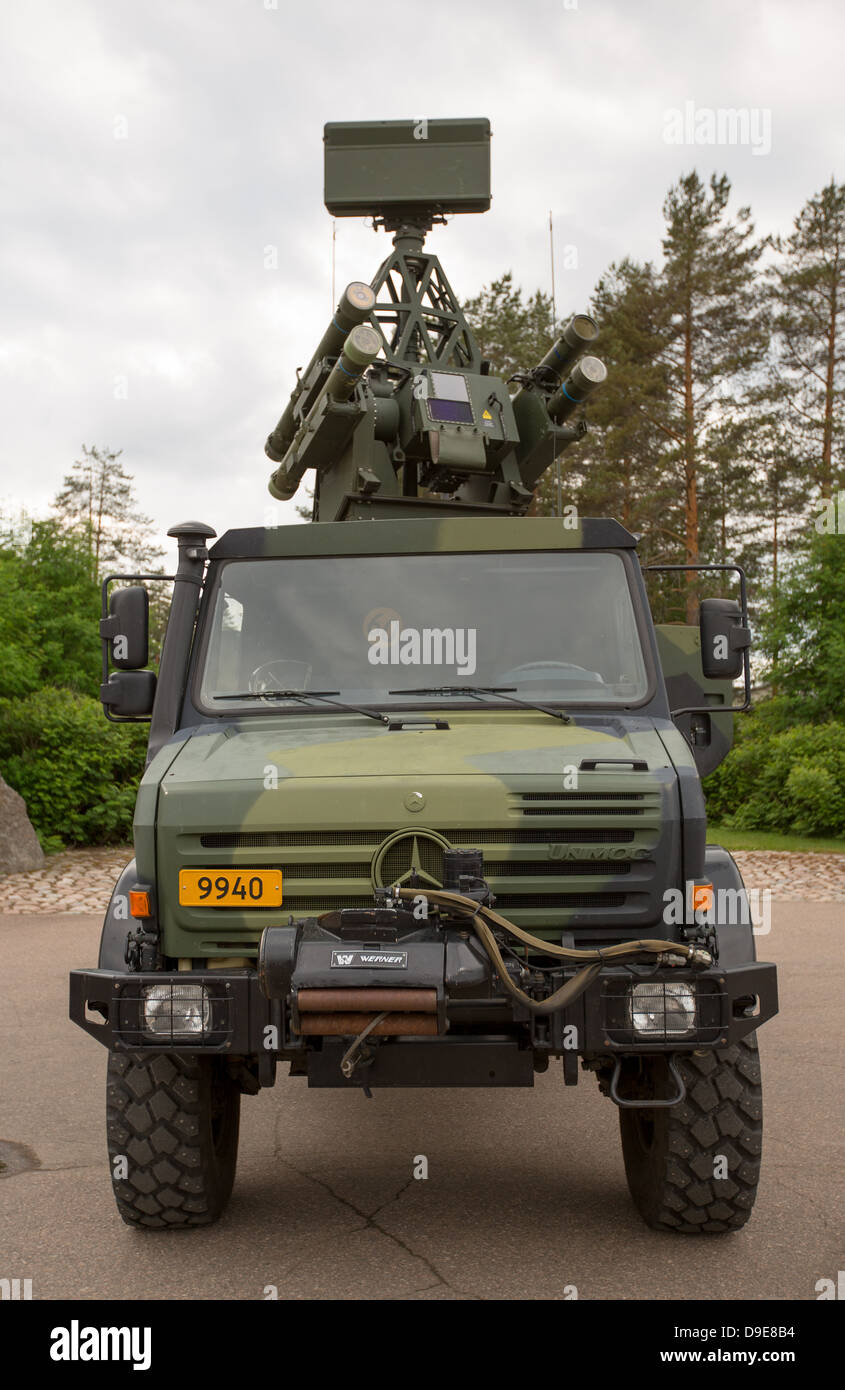 Finnish Army Bolide Short-range Air Defense (SHORAD) laser guided missile system mounted on a UNIMOG 5000 4WD-vehicle. Stock Photo