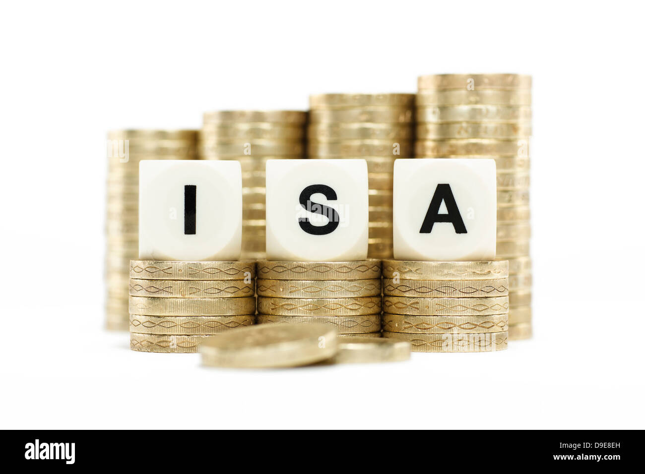 ISA (Individual Savings Account) on stacks of gold coins with a white background Stock Photo