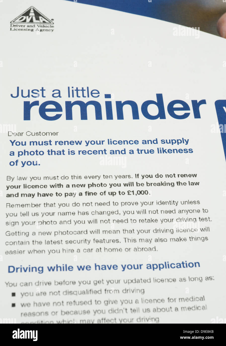 DVLA driving licence renewal reminder letter Stock Photo
