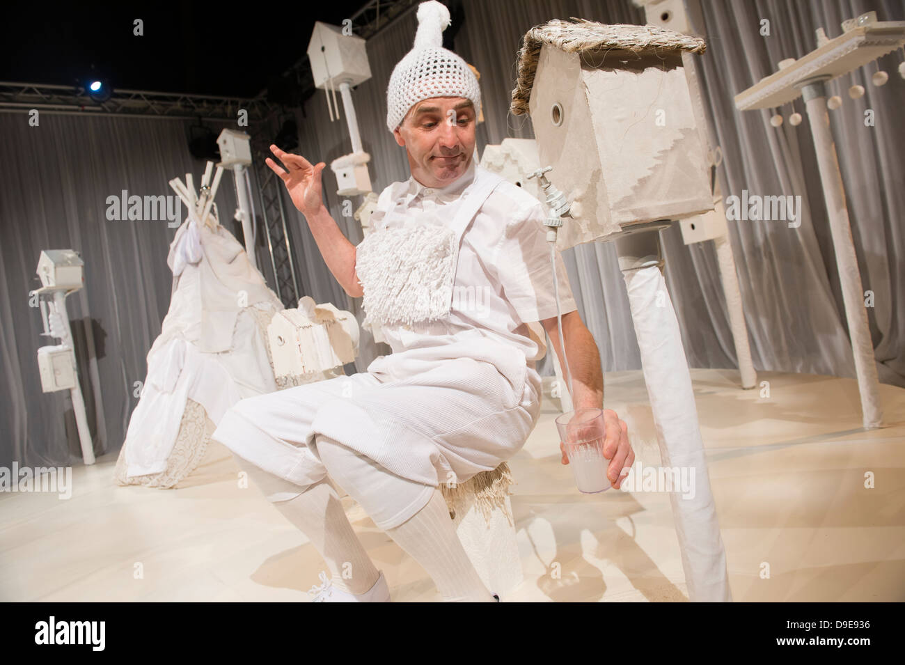 Welsh actor and singer Bryn Fôn performing in 'Gwyn' (White) a play for