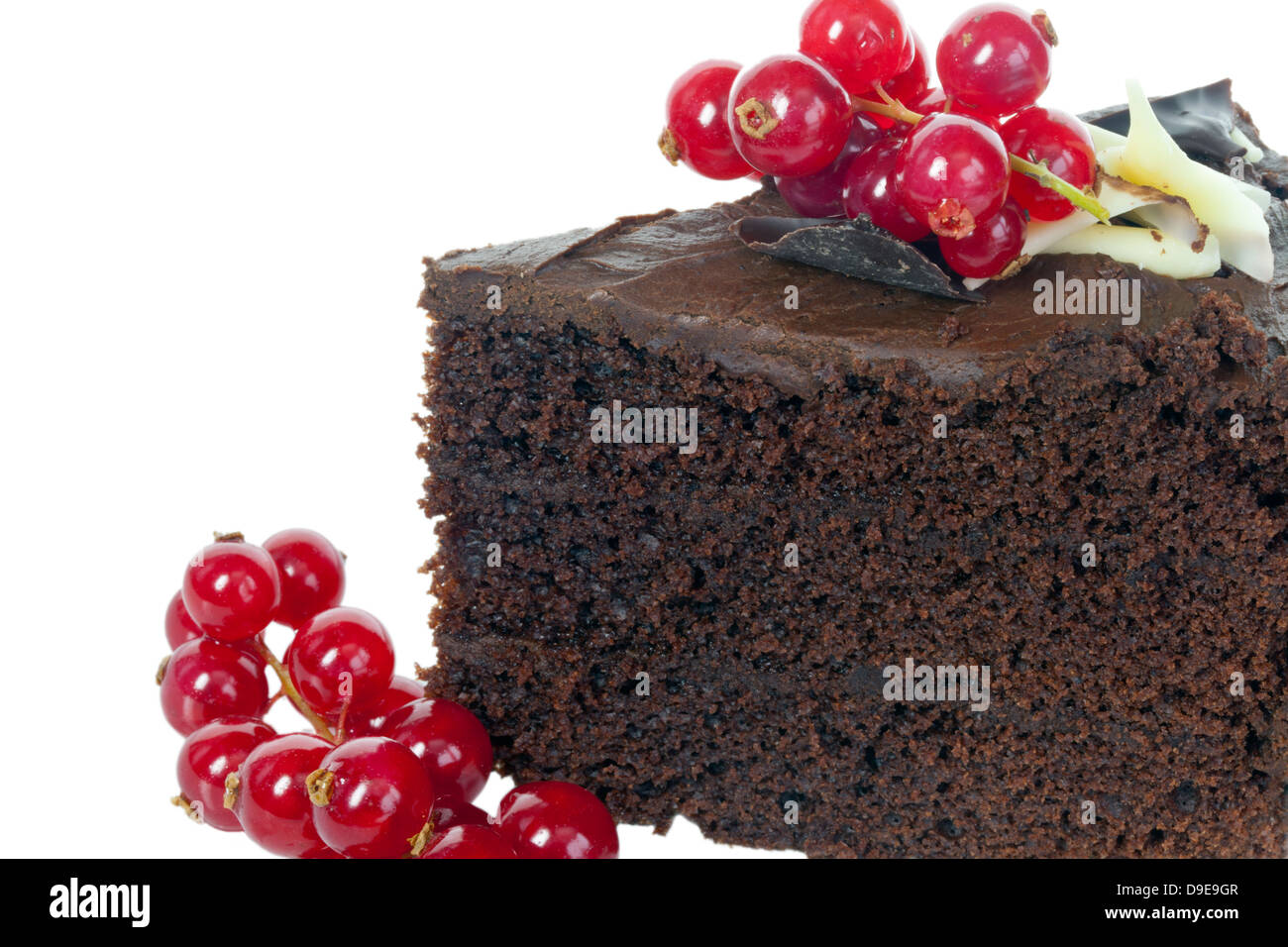 Slice of dark chocolate cake decorated with red fruit isolated on white. Stock Photo