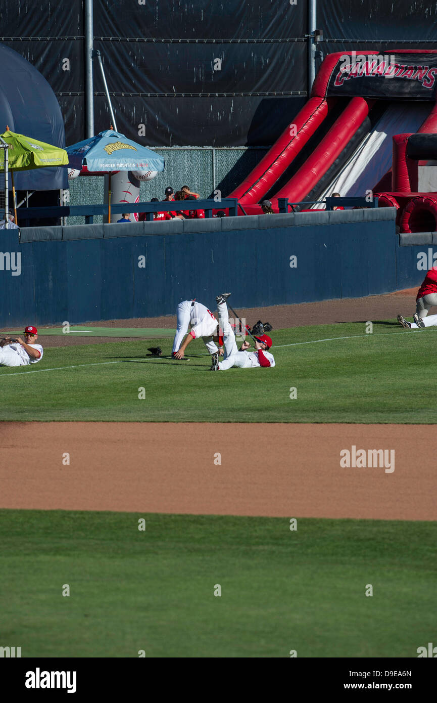 British Columbia, Canada. June 17th 2013 . Players doing the stretching for the season first home game between Vancouver Canadians and Spokane Indians at Scotiabank Field at Nat Bailey Stadium Vancouver , British Columbia Canada on June 17 2013 . Credit:  Frank Pali/Alamy Live News Stock Photo