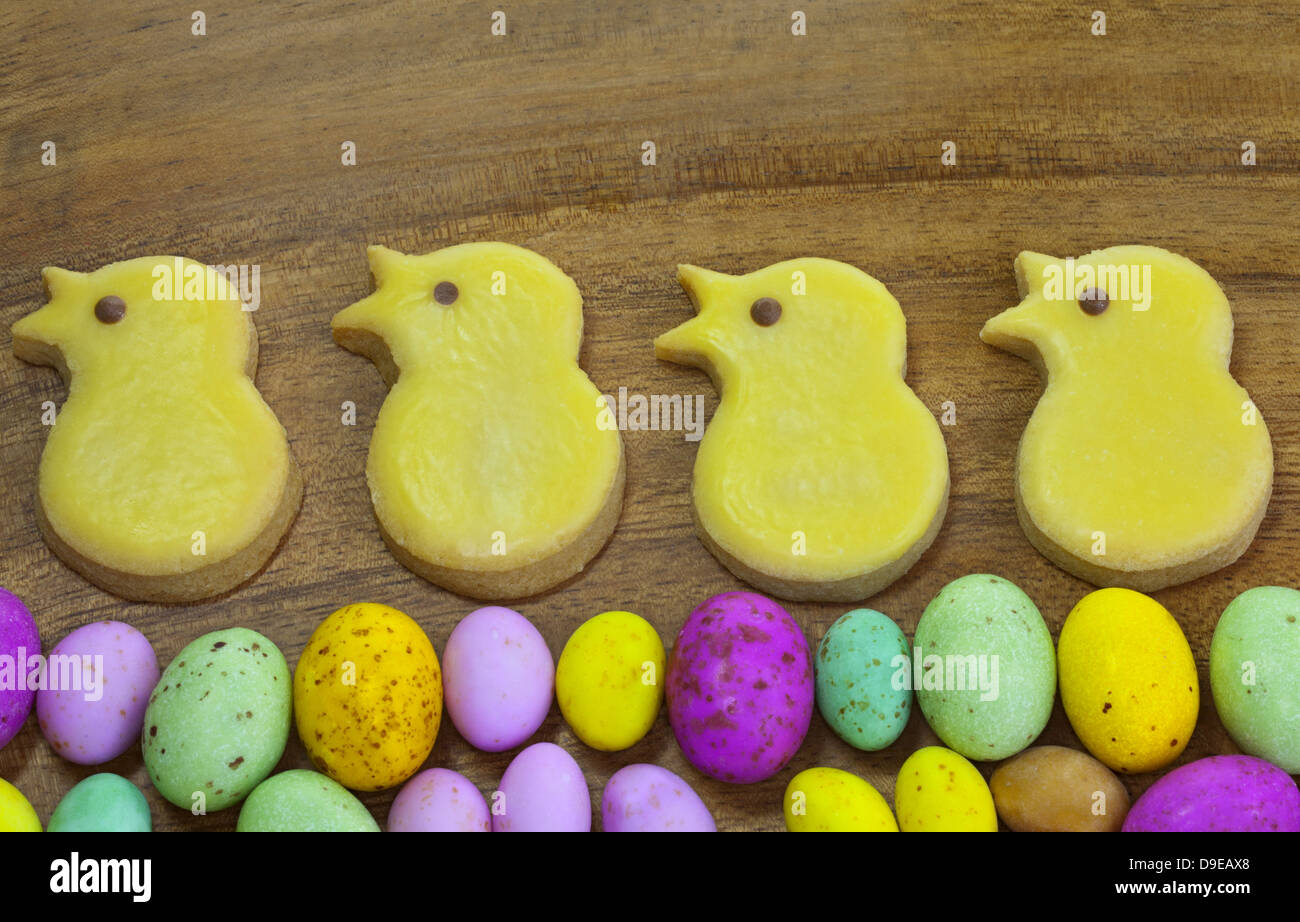 Traditional Easter chicks biscuits on multicolour eggs border Stock