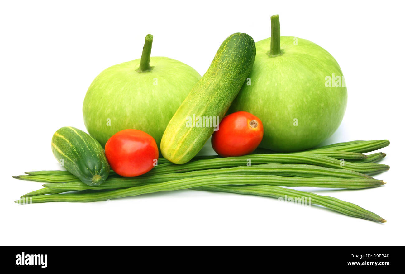 Fresh vegetables – Bottle gourd, cucumber, tomato and moringa oleifera Stock Photo