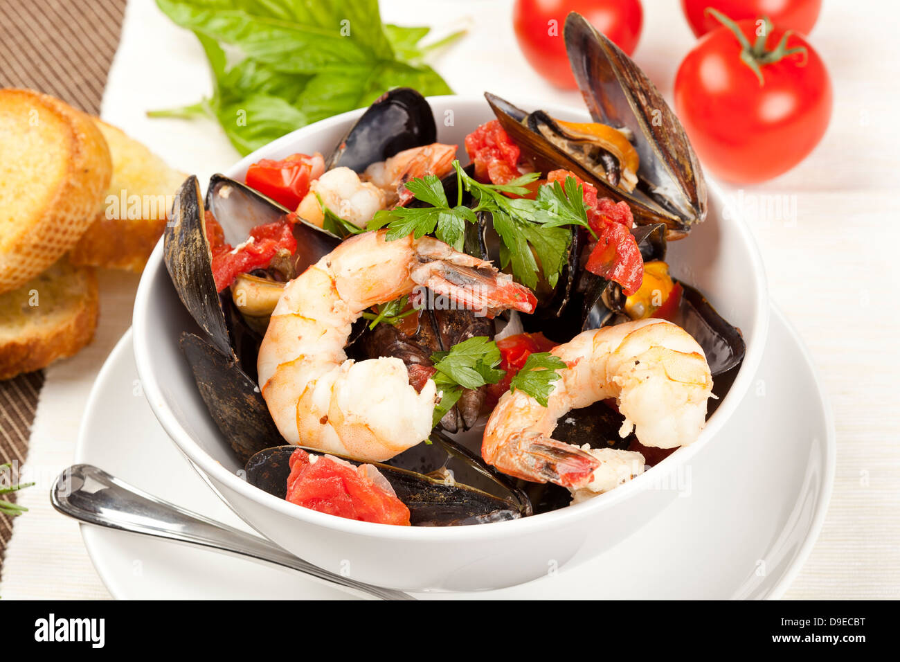 Homemade Italian Cioppino with shrimp mussels and fish Stock Photo