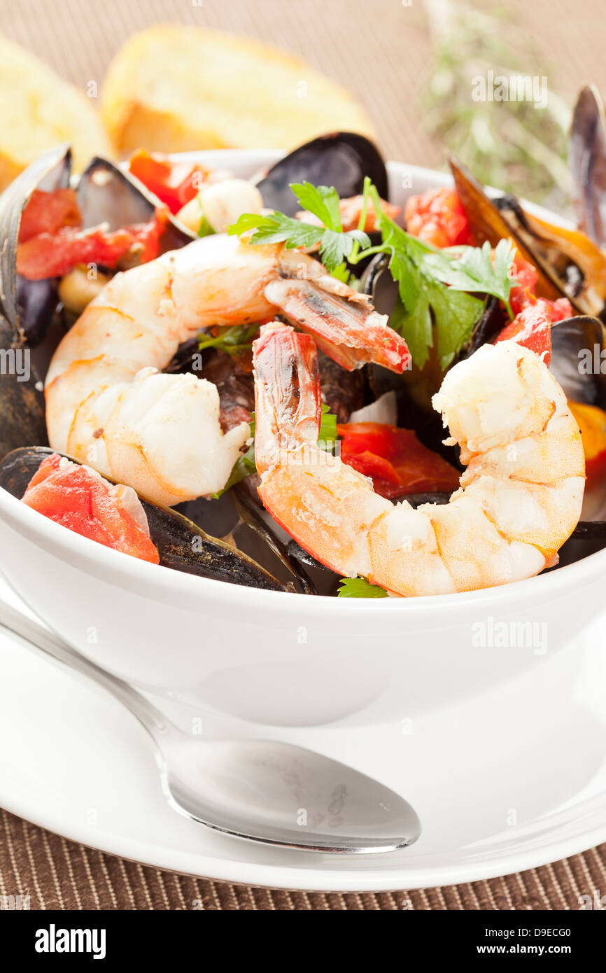 Homemade Italian Cioppino with shrimp mussels and fish Stock Photo