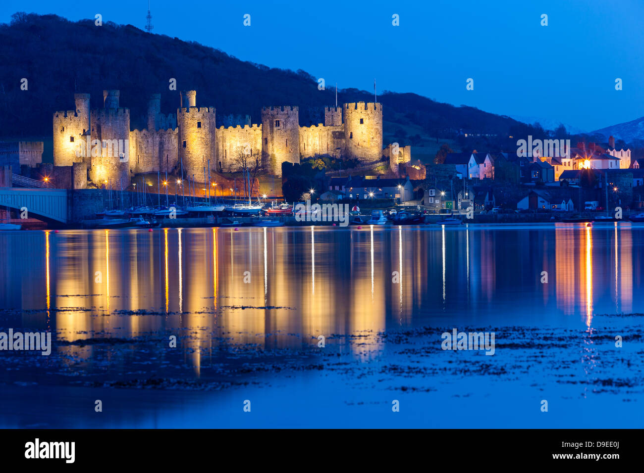 View towards Conwy Castle over River Conwy, Conwy (Conway), North Wales, United Kingdom, Europe. Stock Photo